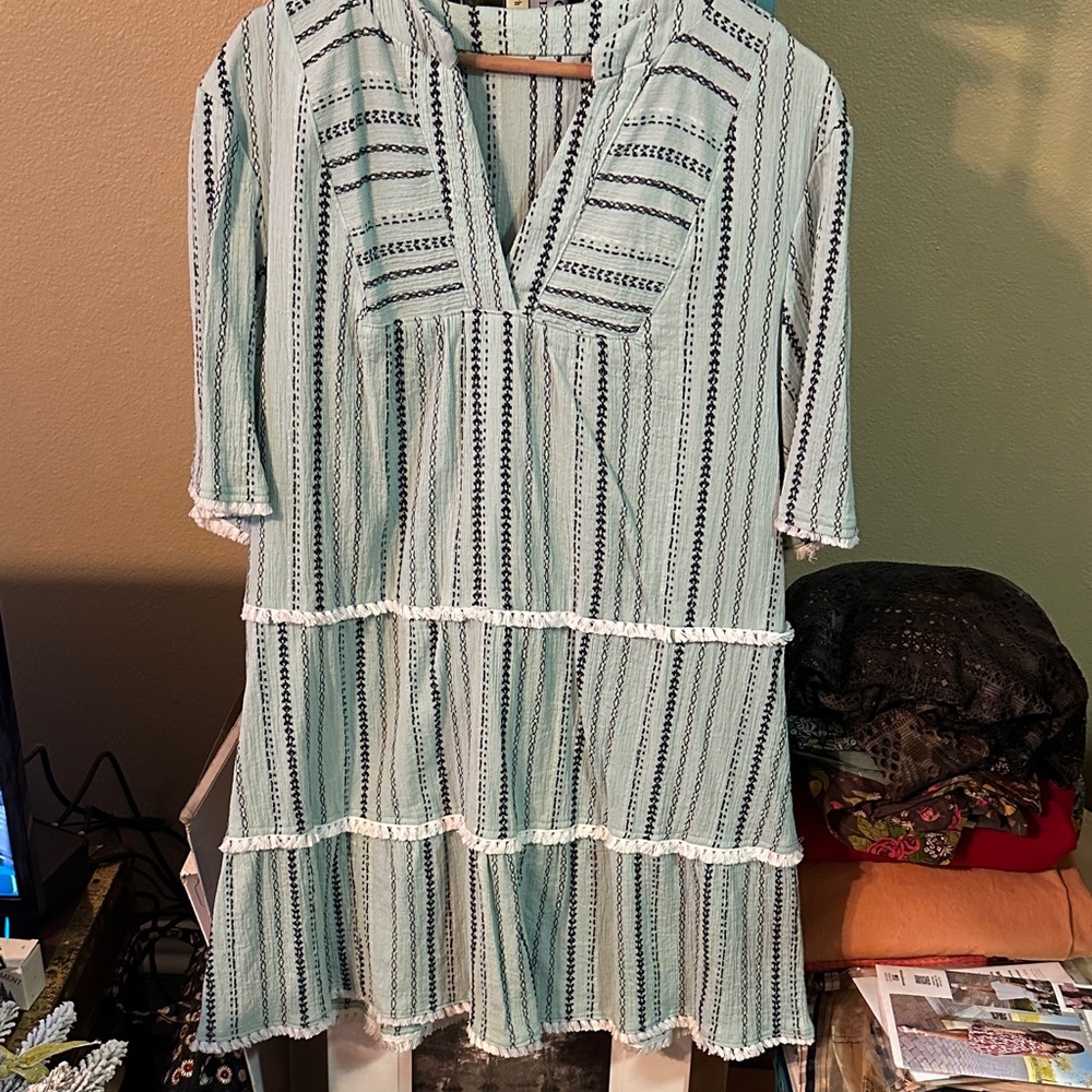 Handmade Striped V-Neck Tiered Tunic Dress with Fringe hem